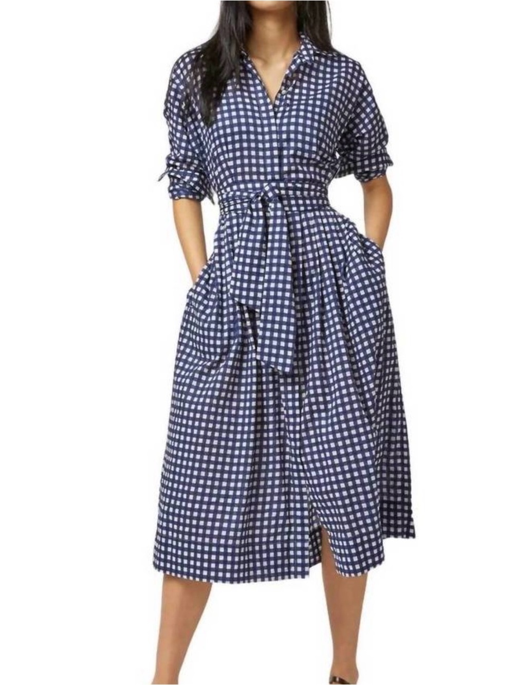ANN MASHBURN shirtwaist dress in navy/ ivory gingham seersucker